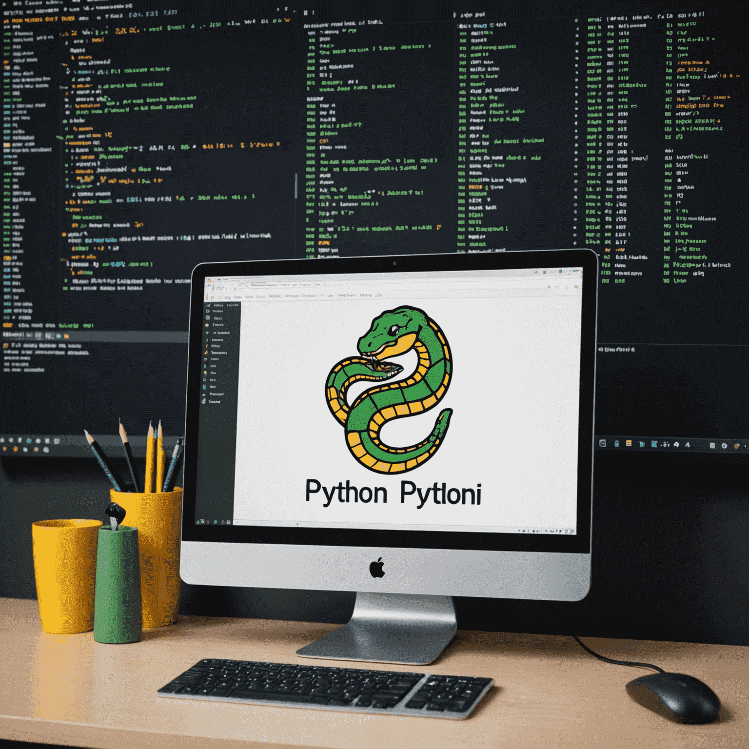 Изображение компьютера с открытым редактором кода, показывающим простой Python скрипт. На заднем плане виден логотип Python.