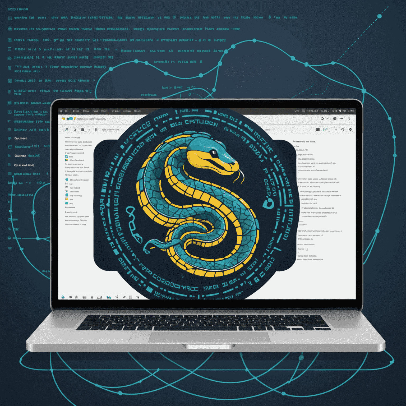 Иллюстрация, показывающая логотип Python на фоне кода. На переднем плане изображен ноутбук с открытым редактором кода, где виден простой Python-скрипт. Вокруг расположены иконки, символизирующие различные области применения Python: веб-разработка, анализ данных, машинное обучение.